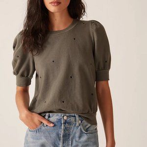 Anthropologie T.La Green Embroidered Stars Puff Short Sleeve Sweatshirt Top